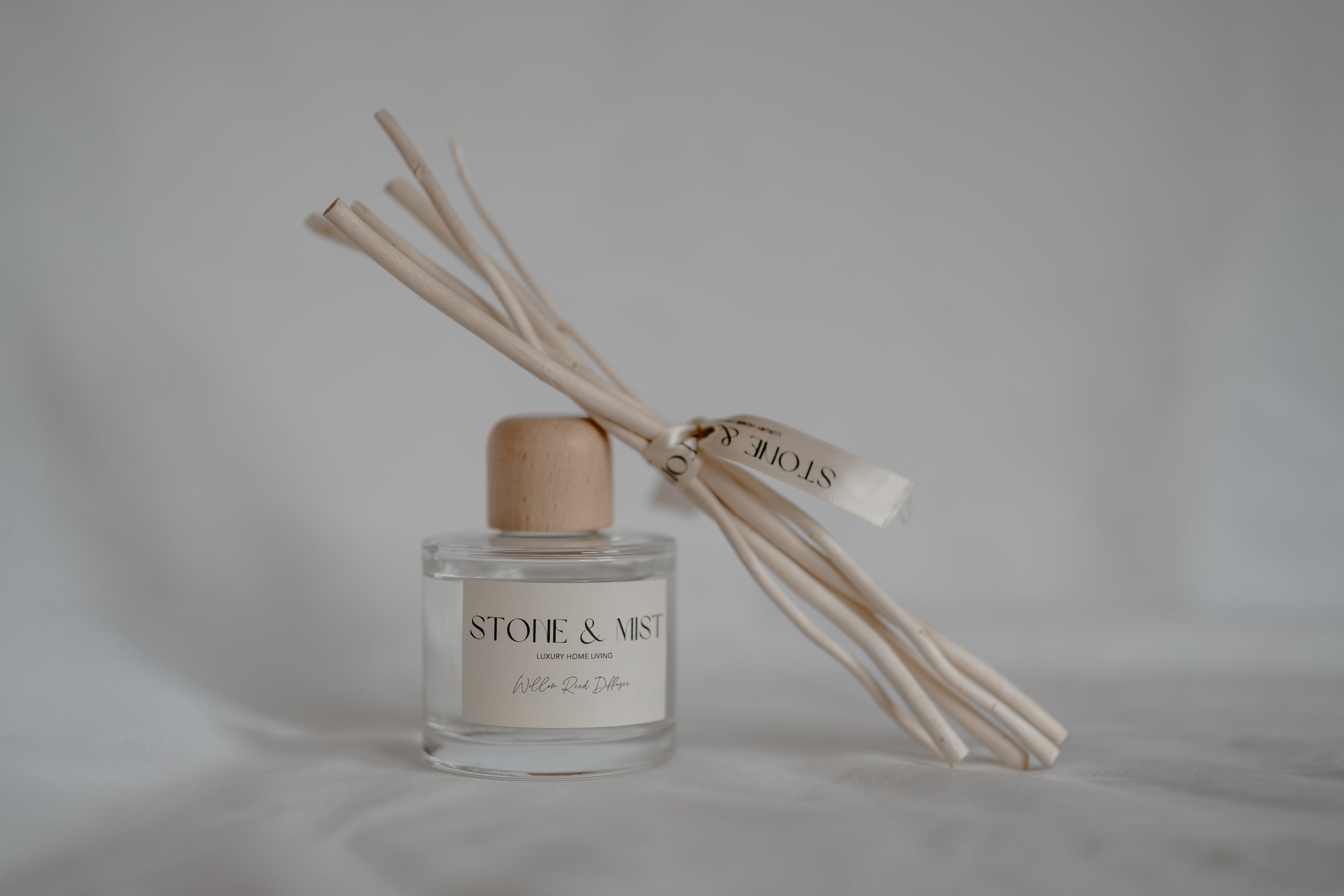 Luxury Willow Reed Diffuser, Willow Reeds in Ribbon, Neutral background